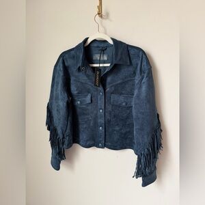 Blank NYC Navy Faux Suede Fringe Jacket